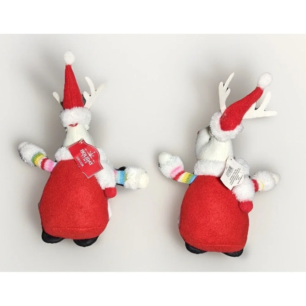 Holiday Time Rainbow Sweater Reindeer Plush Christmas Decor Set of 2 White Red